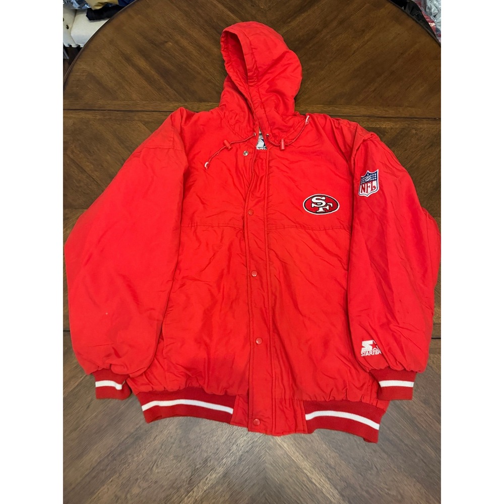 Vintage Starter San Francisco 49ers NFL Puffer Jacket Red XXL 90s Spellout Hood